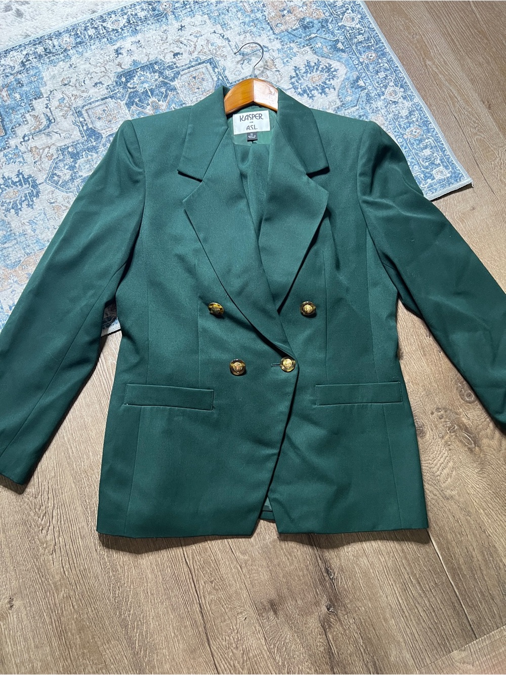 Vintage Kasper A.S.L. Green blazer skirt set features prominent gold-toned butto